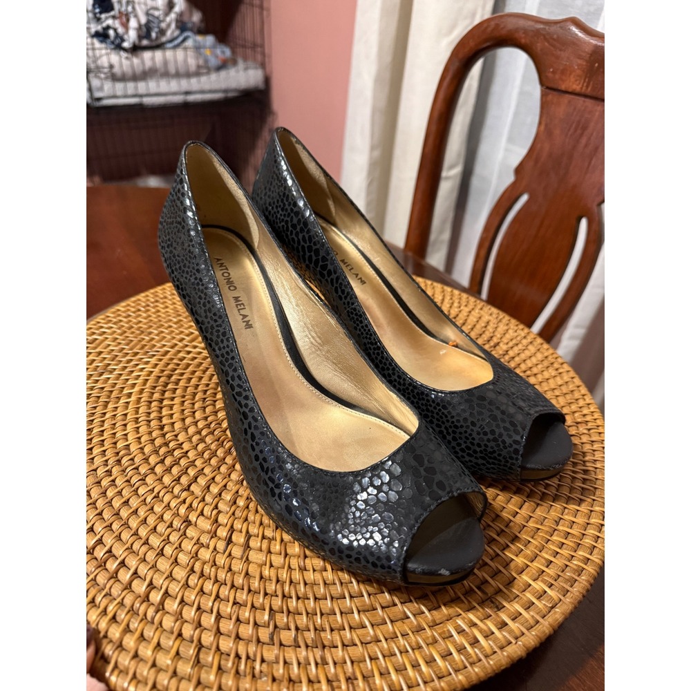 Antonio Melani Black Textured Peep Toe Pumps Heels Size 11M Leather Sole